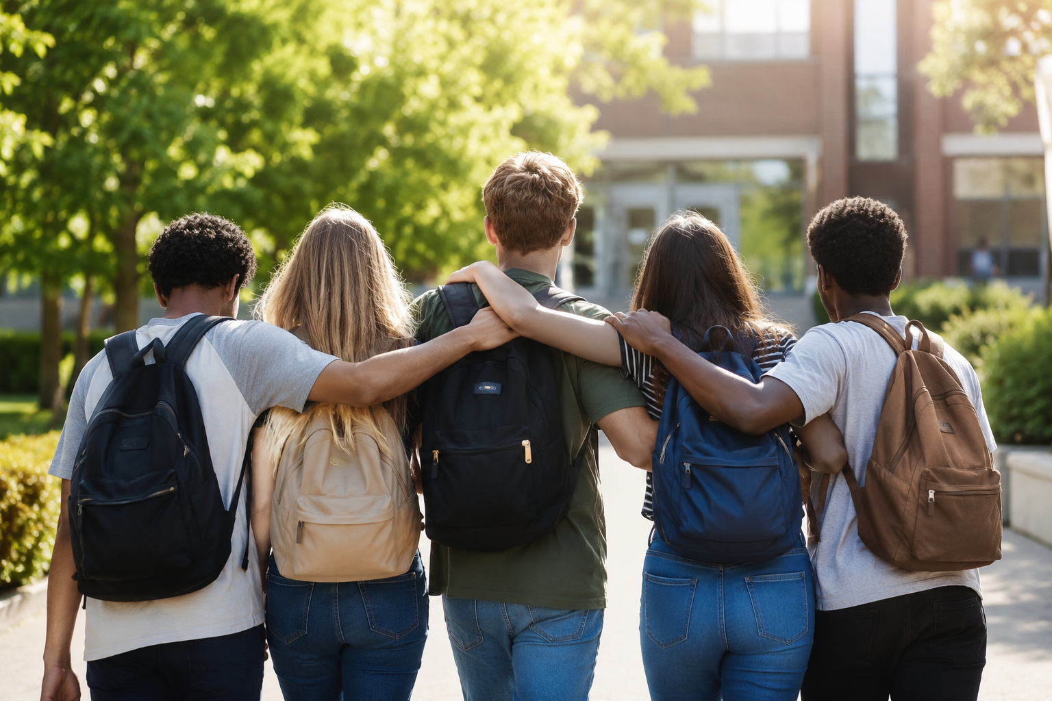 A diverse group of young people walk together towards a college or a place of education during the summer, symbolising transition, inclusion, friendship and positive pathways into adulthood for young people with SEND