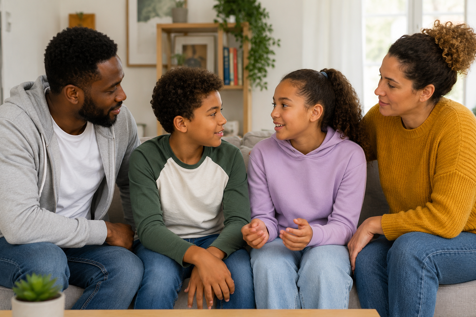 Parents having a positive conversation with their children at home about future aspirations, education and career opportunities in a diverse UK family.
