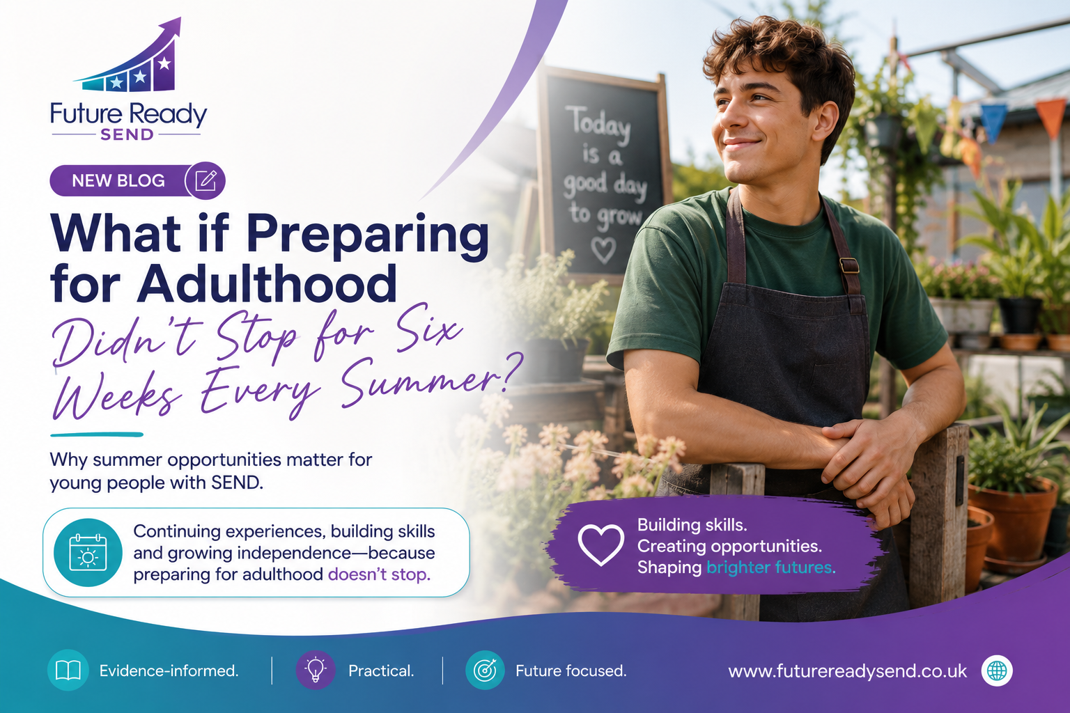 A branded Future Ready SEND graphic featuring a smiling young person taking part in work experience in a community garden. The image highlights the message that preparing for adulthood continues beyond the classroom, with the headline: “What if Preparing for Adulthood Didn’t Stop for Six Weeks Every Summer?” The design uses Future Ready SEND’s teal and purple branding with the strapline: “Evidence-informed. Practical. Future focused.”